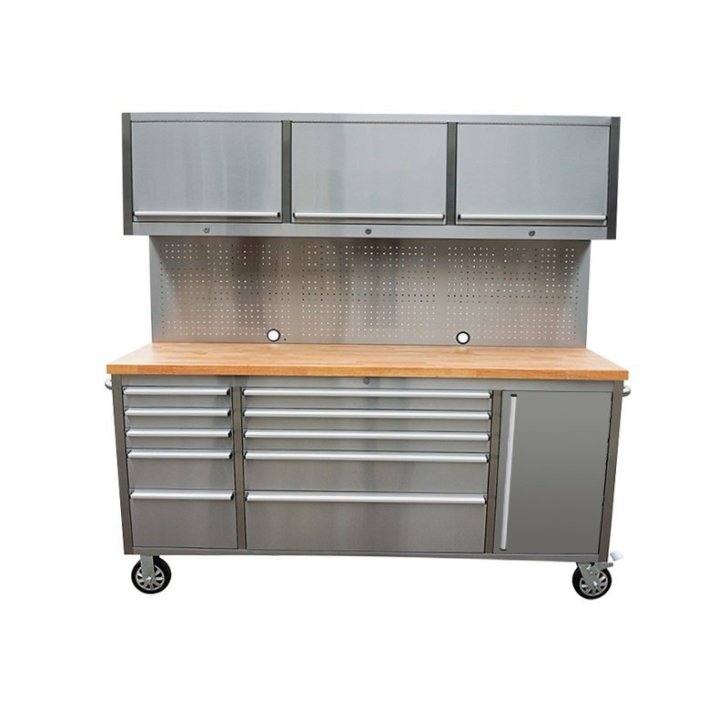 198 cm nerūsējošā tērauda darbnīcas ratiņi ar perforētu dēli un skapi
