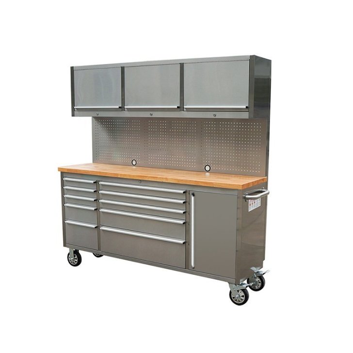 198 cm nerūsējošā tērauda darbnīcas ratiņi ar perforētu dēli un skapi