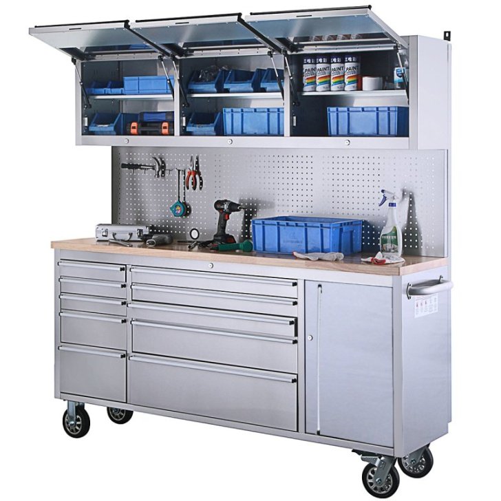 198 cm nerūsējošā tērauda darbnīcas ratiņi ar perforētu dēli un skapi