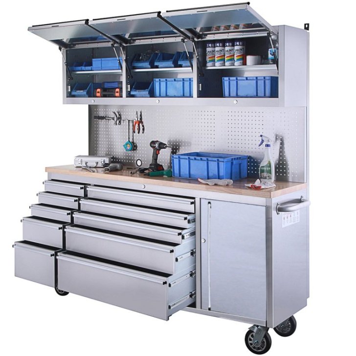 198 cm nerūsējošā tērauda darbnīcas ratiņi ar perforētu dēli un skapi