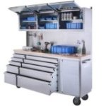 198 cm nerūsējošā tērauda darbnīcas ratiņi ar perforētu dēli un skapi