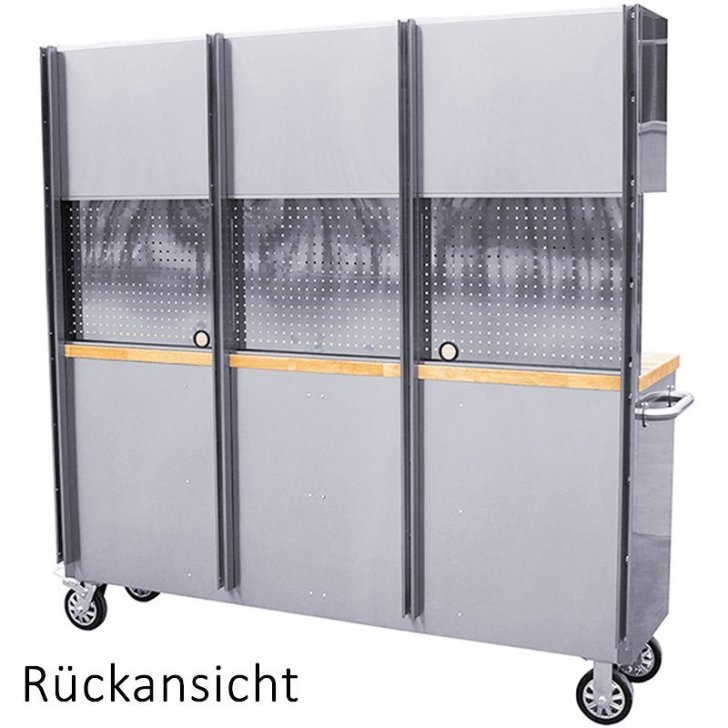 198 cm nerūsējošā tērauda darbnīcas ratiņi ar perforētu dēli un skapi