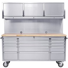 198 cm nerūsējošā tērauda darbnīcas ratiņi ar perforētu dēli un skapi, uz riteņiem