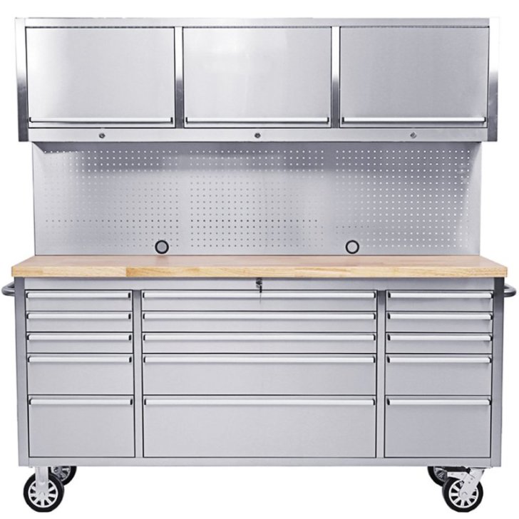198 cm nerūsējošā tērauda darbnīcas ratiņi ar perforētu dēli un skapi, uz riteņiem