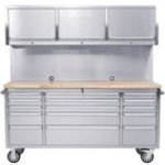 198 cm nerūsējošā tērauda darbnīcas ratiņi ar perforētu dēli un skapi, uz riteņiem