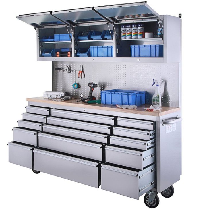 198 cm nerūsējošā tērauda darbnīcas ratiņi ar perforētu dēli un skapi, uz riteņiem