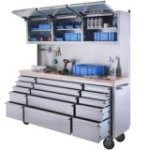 198 cm nerūsējošā tērauda darbnīcas ratiņi ar perforētu dēli un skapi, uz riteņiem