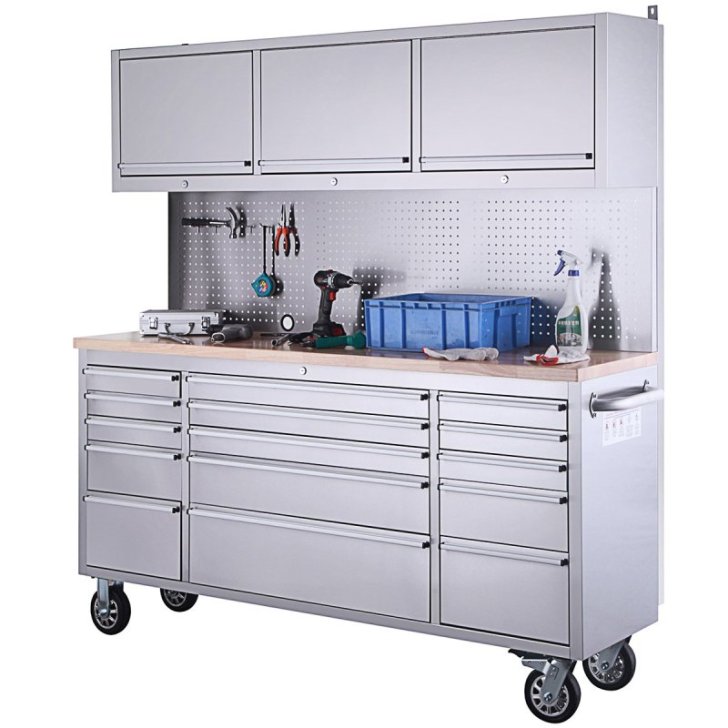 198 cm nerūsējošā tērauda darbnīcas ratiņi ar perforētu dēli un skapi, uz riteņiem