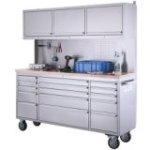 198 cm nerūsējošā tērauda darbnīcas ratiņi ar perforētu dēli un skapi, uz riteņiem