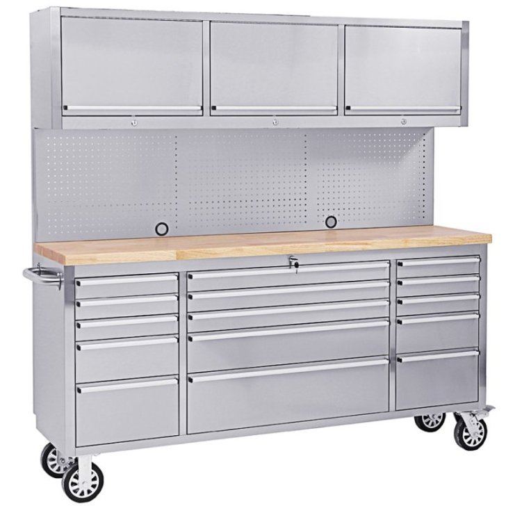 198 cm nerūsējošā tērauda darbnīcas ratiņi ar perforētu dēli un skapi, uz riteņiem
