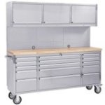 198 cm nerūsējošā tērauda darbnīcas ratiņi ar perforētu dēli un skapi, uz riteņiem