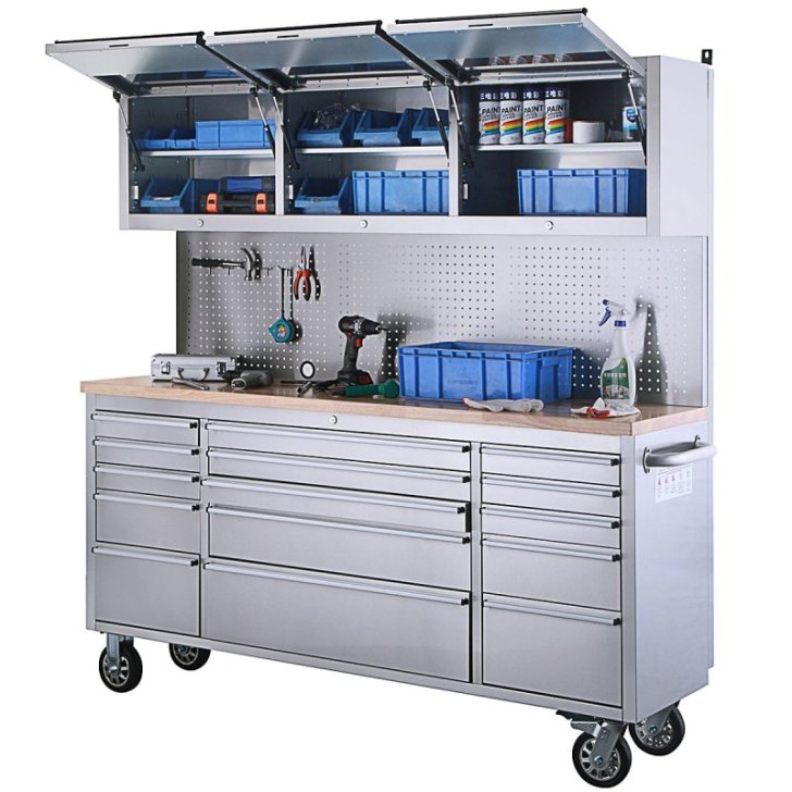 198 cm nerūsējošā tērauda darbnīcas ratiņi ar perforētu dēli un skapi, uz riteņiem