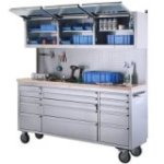 198 cm nerūsējošā tērauda darbnīcas ratiņi ar perforētu dēli un skapi, uz riteņiem