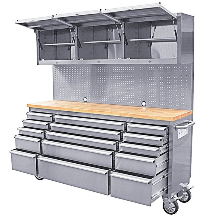 198 cm nerūsējošā tērauda darbnīcas ratiņi ar perforētu dēli un skapi, uz riteņiem