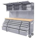 198 cm nerūsējošā tērauda darbnīcas ratiņi ar perforētu dēli un skapi, uz riteņiem