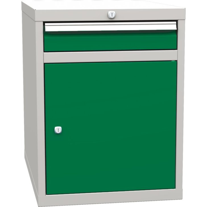 Pamata kombinētais konteiners ar 1 durvīm, 1 plauktu un 1 atvilktni (metināti darba galdu komplekti)