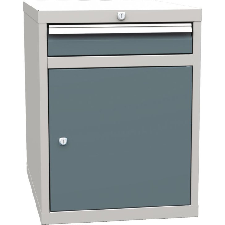 Pamata kombinētais konteiners ar 1 durvīm, 1 plauktu un 1 atvilktni (metināti darba galdu komplekti)