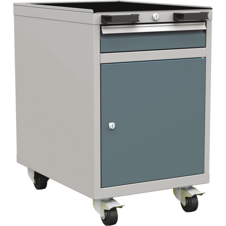 Kombinēts mobilais konteiners ar 1 durvīm, 1 plauktu un 1 atvilktni