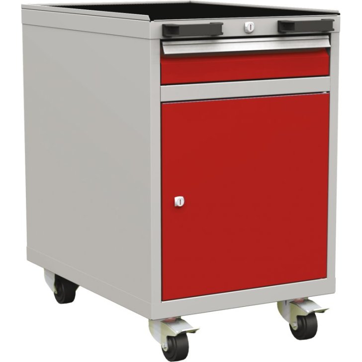 Kombinēts mobilais konteiners ar 1 durvīm, 1 plauktu un 1 atvilktni