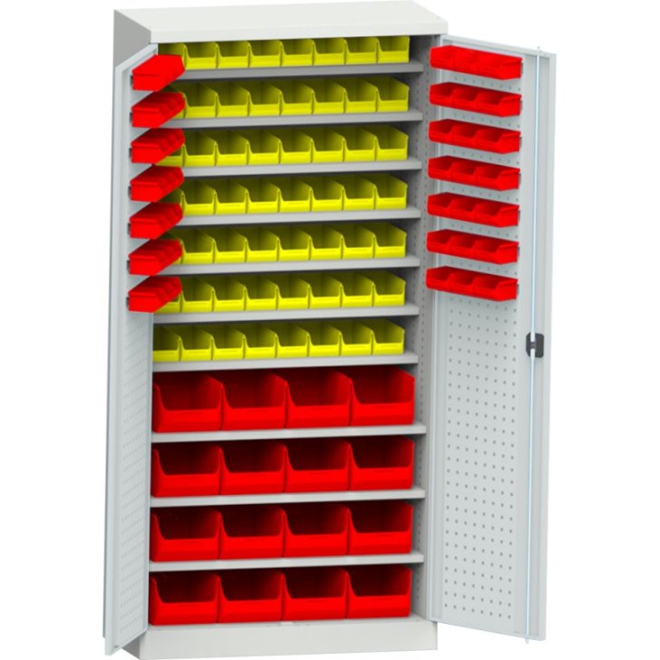 Darbnīcas skapis ar plastmasas kastēm