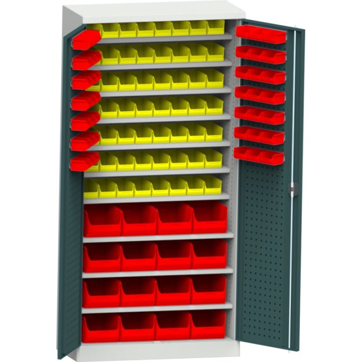 Darbnīcas skapis ar plastmasas kastēm