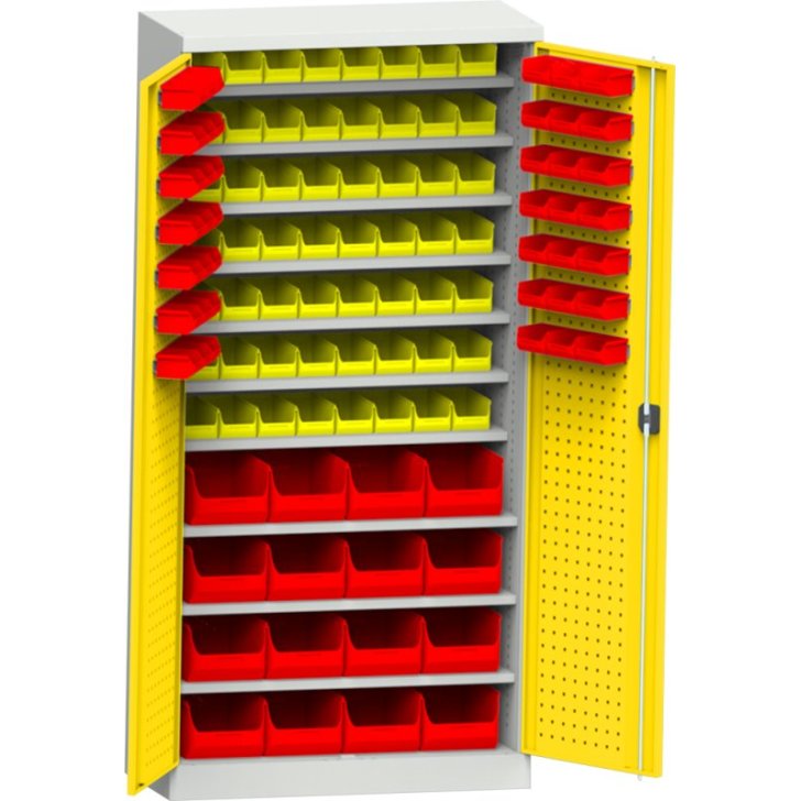 Darbnīcas skapis ar plastmasas kastēm