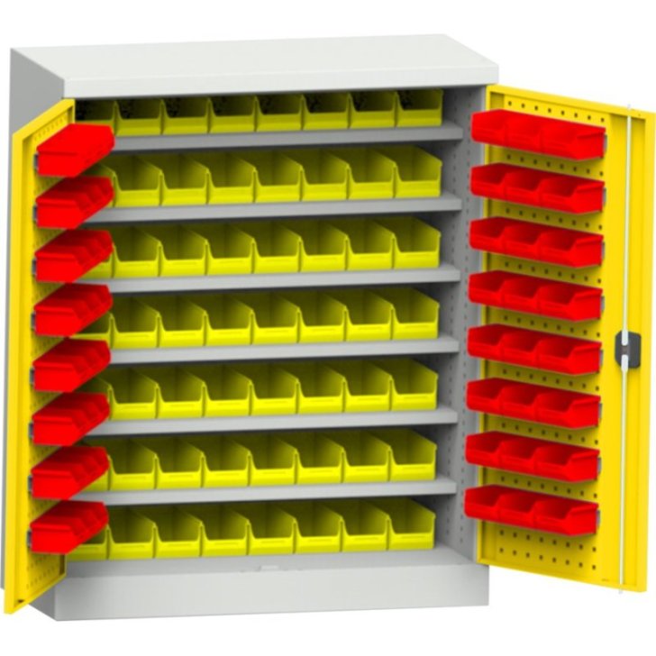 Darbnīcas skapis ar plastmasas kastēm