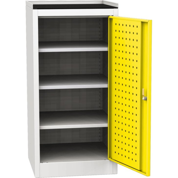 Darbnīcas instrumentu skapis ar ierāmētu gumijas darba virsmu