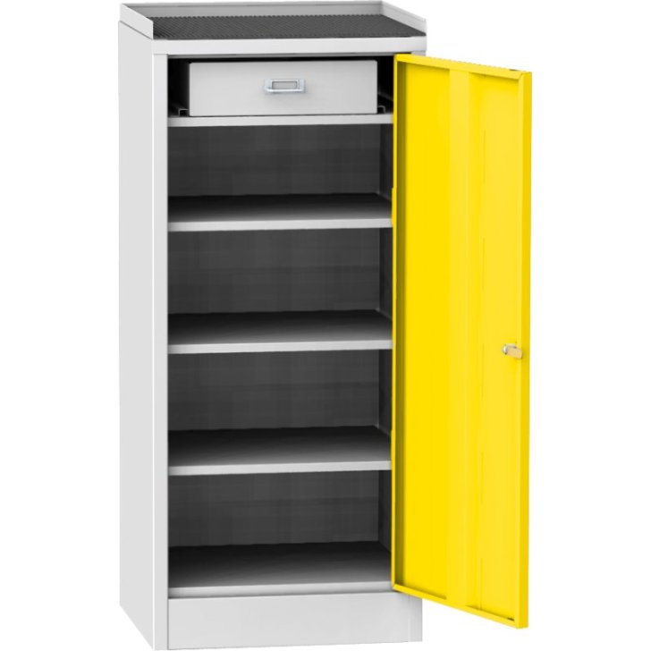 Darbnīcas instrumentu skapis ar ierāmētu gumijas darba virsmu