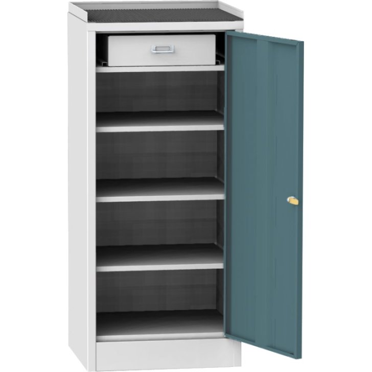 Darbnīcas instrumentu skapis ar ierāmētu gumijas darba virsmu