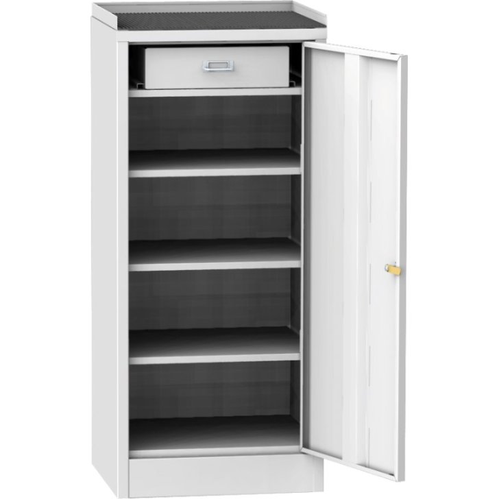 Darbnīcas instrumentu skapis ar ierāmētu gumijas darba virsmu