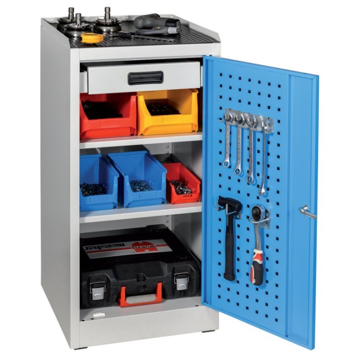 Darbnīcas instrumentu skapis ar ierāmētu gumijas darba virsmu