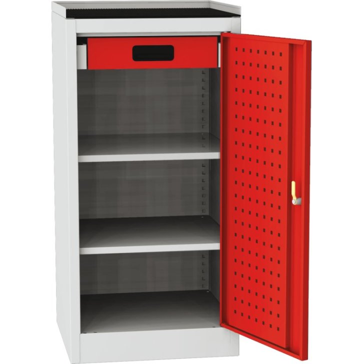 Darbnīcas instrumentu skapis ar ierāmētu gumijas darba virsmu