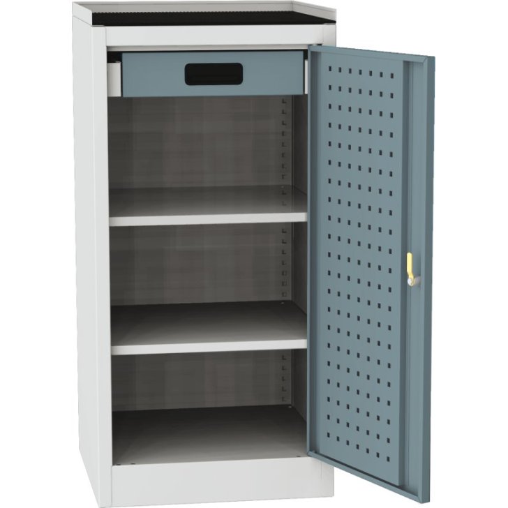 Darbnīcas instrumentu skapis ar ierāmētu gumijas darba virsmu