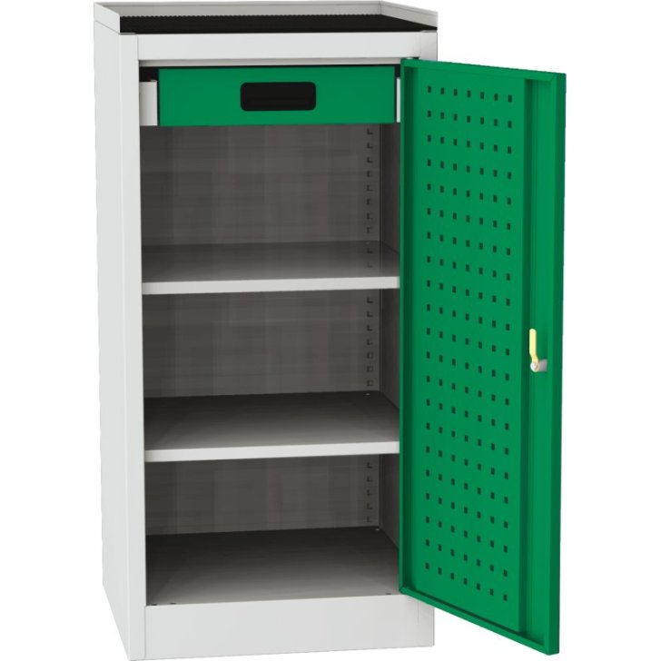 Darbnīcas instrumentu skapis ar ierāmētu gumijas darba virsmu