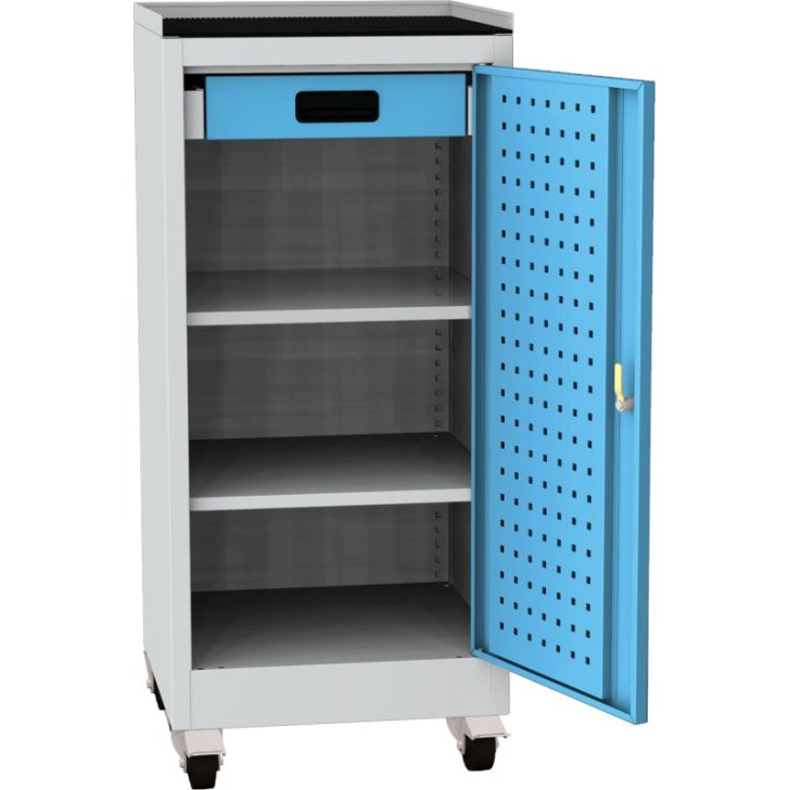 Darbnīcas instrumentu skapis uz riteņiem ar ierāmētu gumijas darba virsmu