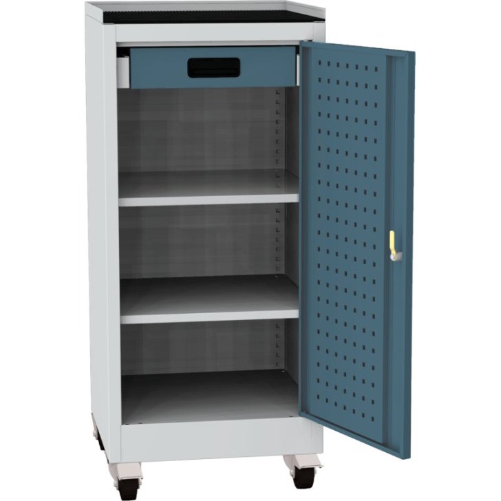 Darbnīcas instrumentu skapis uz riteņiem ar ierāmētu gumijas darba virsmu