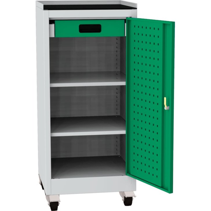 Darbnīcas instrumentu skapis uz riteņiem ar ierāmētu gumijas darba virsmu