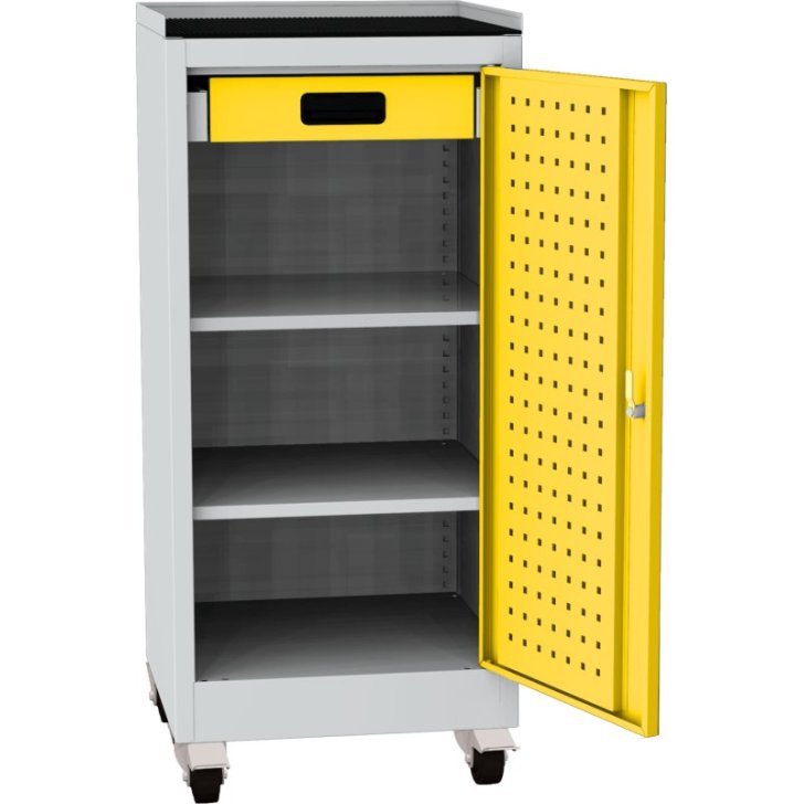 Darbnīcas instrumentu skapis uz riteņiem ar ierāmētu gumijas darba virsmu