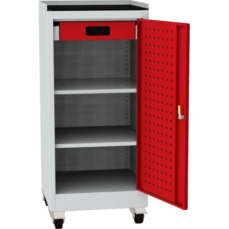 Darbnīcas instrumentu skapis uz riteņiem ar ierāmētu gumijas darba virsmu