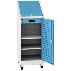 Darbnīcas instrumentu skapis uz riteņiem ar integrētu rakstāmgaldu