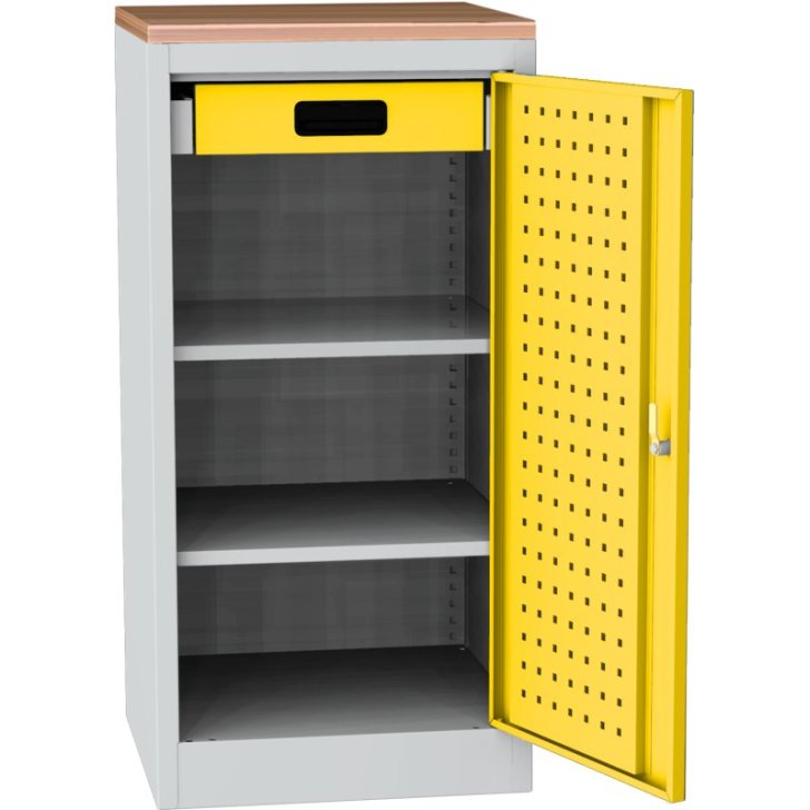 Darbnīcas instrumentu skapis ar dižskābarža darba virsmu