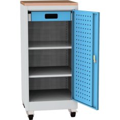 Darbnīcas instrumentu skapis uz riteņiem ar dižskābarža darba virsmu