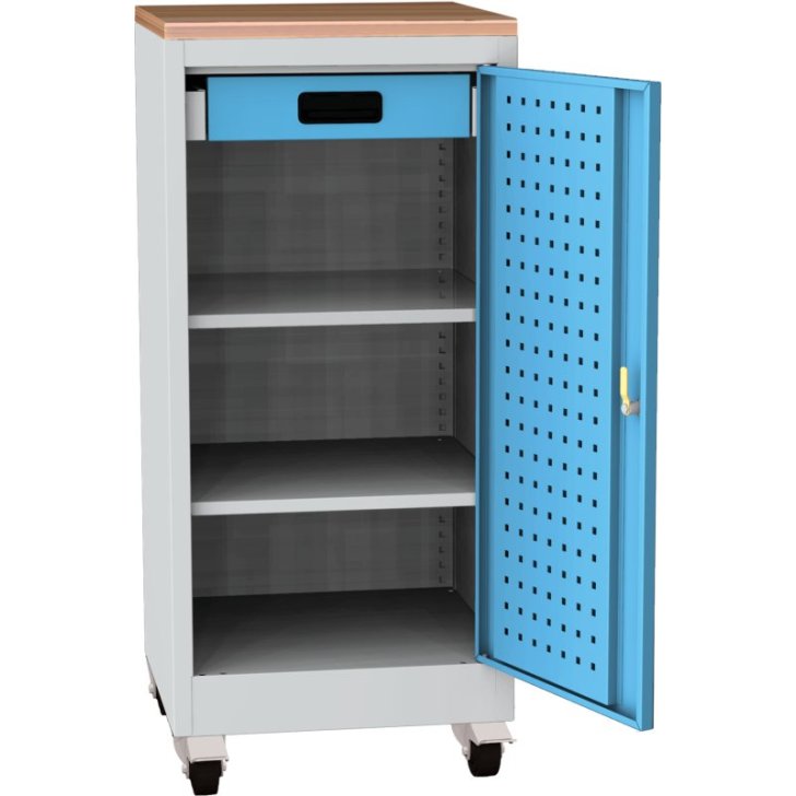 Darbnīcas instrumentu skapis uz riteņiem ar dižskābarža darba virsmu