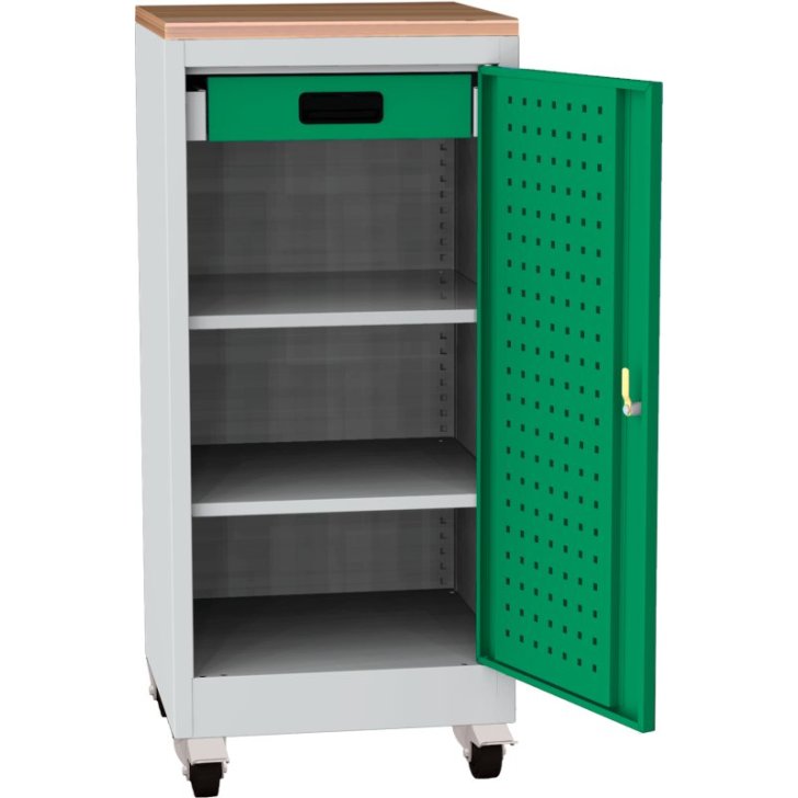 Darbnīcas instrumentu skapis uz riteņiem ar dižskābarža darba virsmu