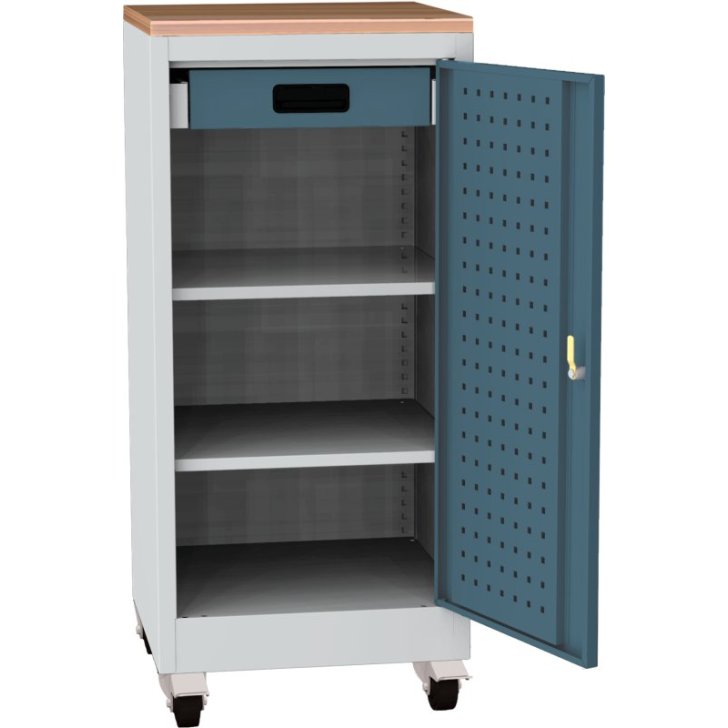 Darbnīcas instrumentu skapis uz riteņiem ar dižskābarža darba virsmu