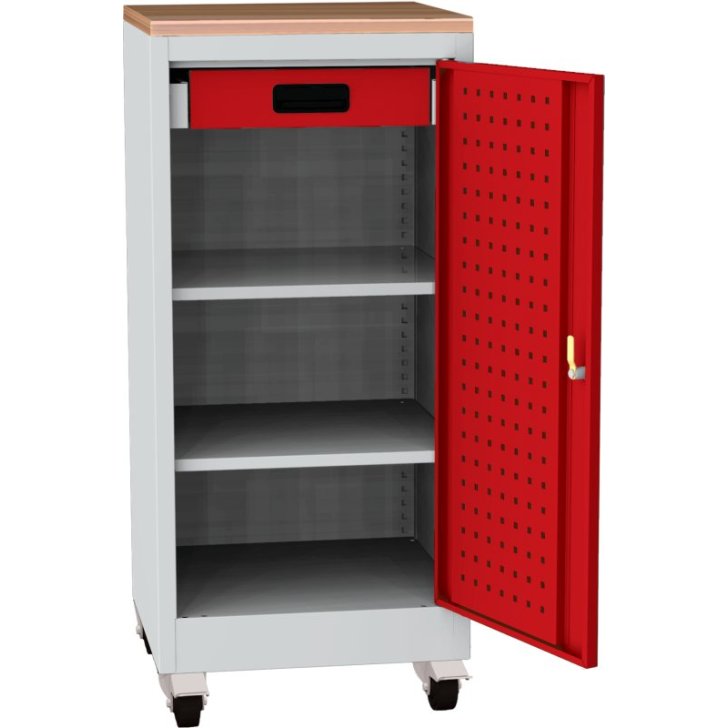 Darbnīcas instrumentu skapis uz riteņiem ar dižskābarža darba virsmu