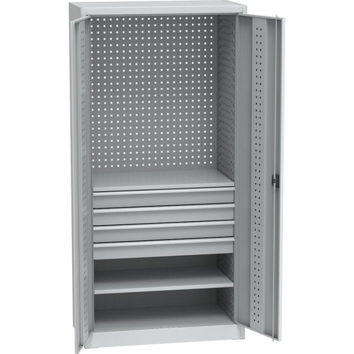 Universāls darbnīcas skapis ar DVB perforāciju, 4 atvilktnēm un 2 plauktiem