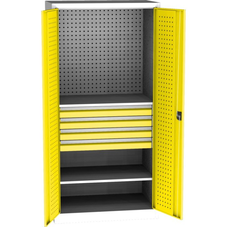 Lieljaudas SPD universāls darbnīcas skapis ar DVB perforāciju, 4 atvilktnēm un 2 plauktiem