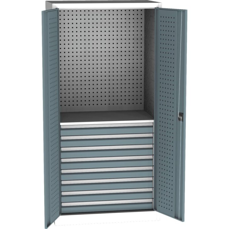 Lieljaudas SPD universāls darbnīcas skapis ar DVB perforāciju, 8 atvilktnēm un 2 plauktiem